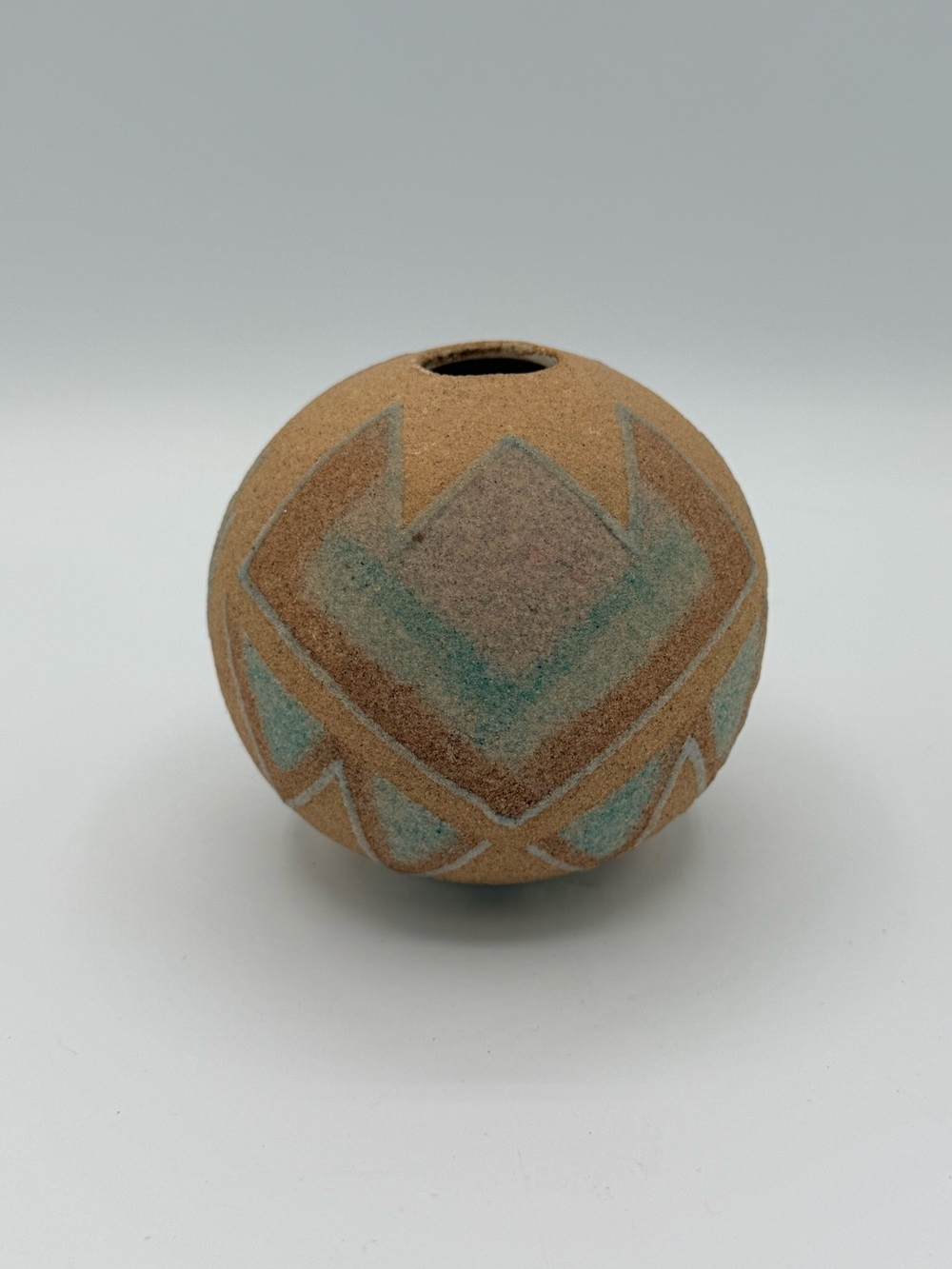 Handcrafted Navajo Sand-Textured Geometric Ceramic Vase in Brown and Teal